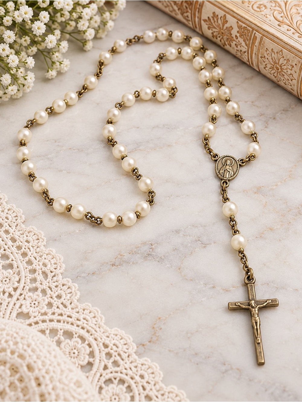 Vintage Faux Pearl Catholic Rosary Antiqued Silver Tone Crucifix
